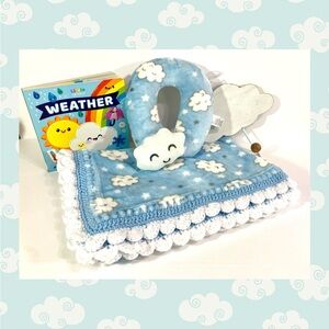 Dreamy Clouds Blue & White Crochet Baby Blanket and Book 4 Piece Gift Set